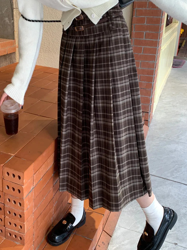 Lizakosht Cute Plaid Spring Autumn Pleated Skirt Women Japanese Style Lolita Double Belt Design High Waist Mid Long Skirt