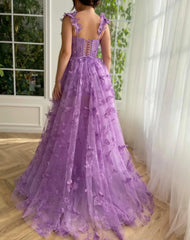 3D Butterfly Tulle Prom Dresses for Women 2024 Lace Applique Princess Long Ball Gown with Slit Graduation School Party Gown