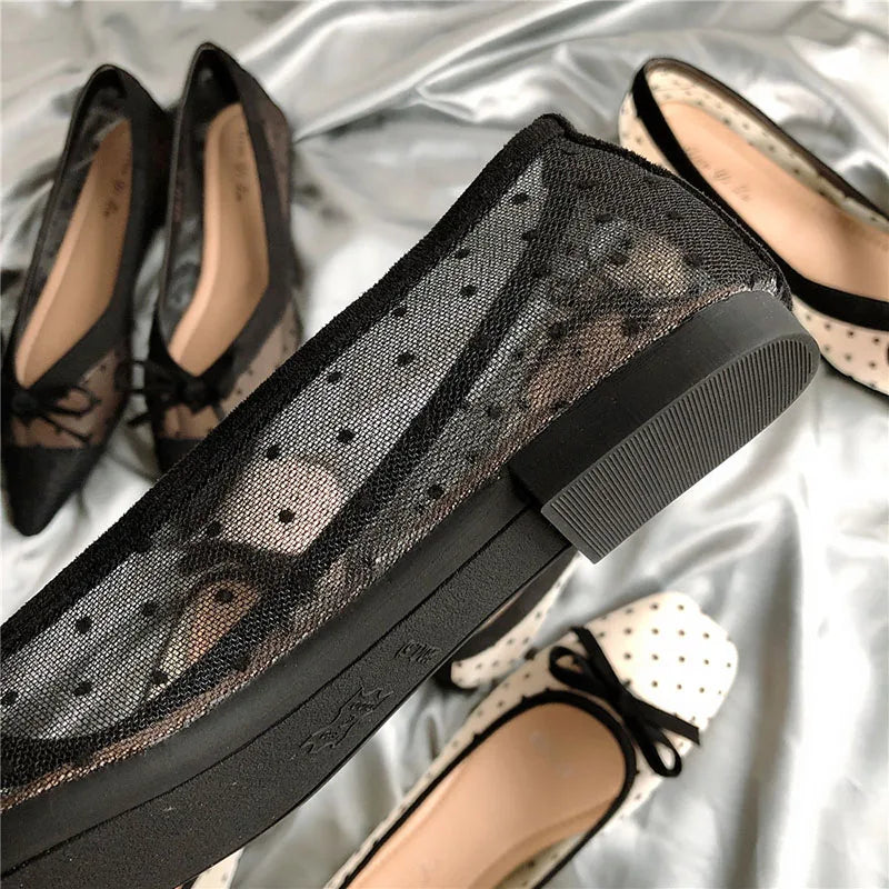 LIZAKOSHT  -  Summer Polka dot air mesh shoes women loafers sneakers woman flats espadrilles pointed toe bow-knot breathable moccasins
