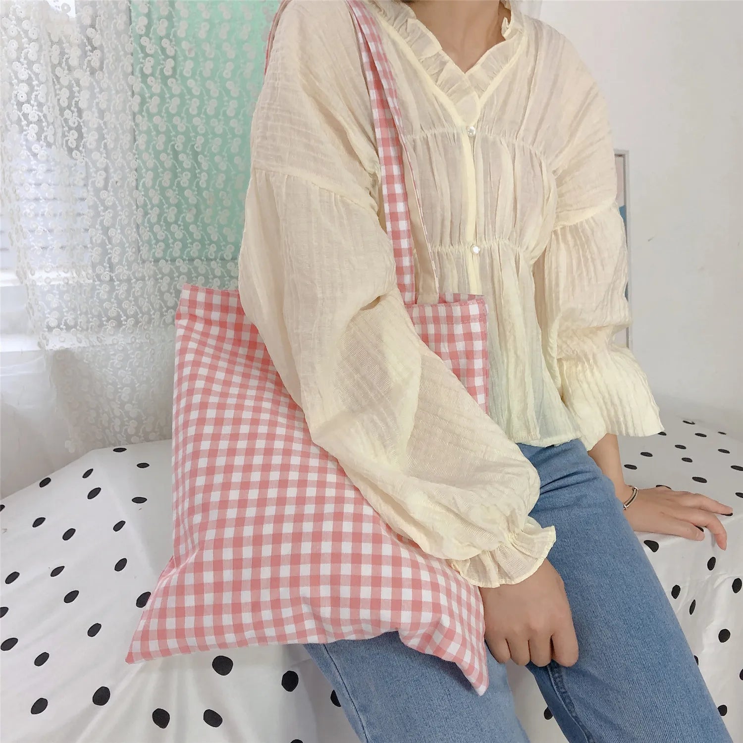 LIZAKOSHT  -  Women Cloth Eco Bag Korean Canvas Shoulder Large Shopping Bags Plaid Ladies Pouch Girls Book Handbags Bolsa Feminina Bolsa Tela