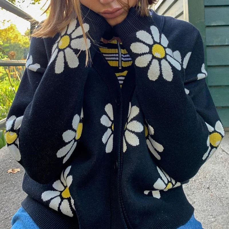 Lizakosht Vintage Flower Knit Cardigans Sweater y2k Women Autumn Winter V Neck Loose Elegant Sweater Coat Female Casual Thick Clothes