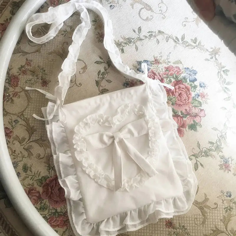 LIZAKOSHT  -  Japanese Lolita Soft Girl Folds Ruffled Lovely Peach Heart Bowknot Canvas Messenger Bag Campus Student Style Kawaii Girl Bag