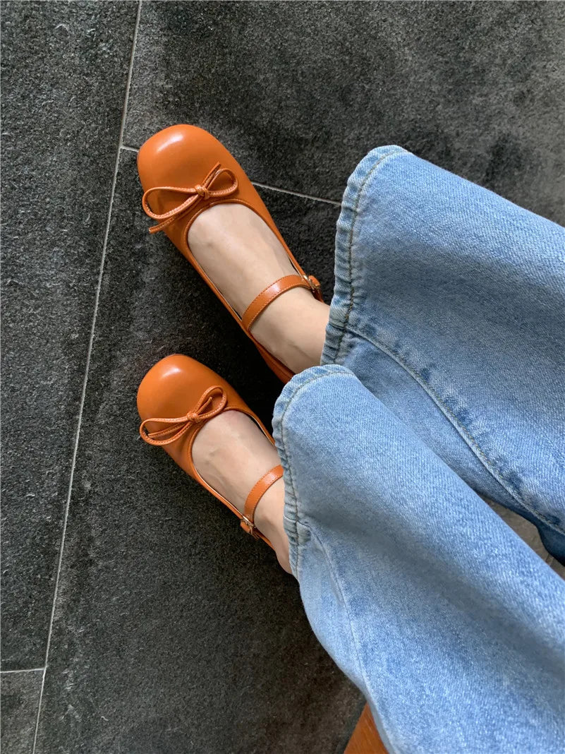 LIZAKOSHT  -  Women Mary Janes Shoes Genuine Leather Low Heel Pumps Bow Round Toe Female Shoes Block Heels Dress Footwear Orange 40