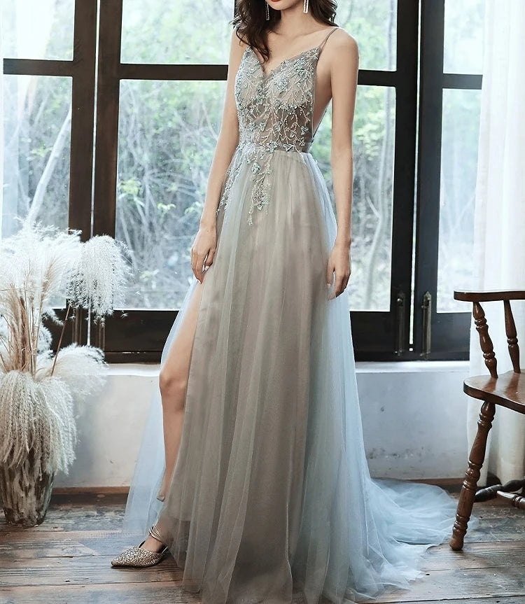 LIZAKOSHT -  Fresh Green Celebrity Dresses A-line Split Fork Beading Spaghetti Strap Carpet Floral Print Party Evening Gowns Elegant