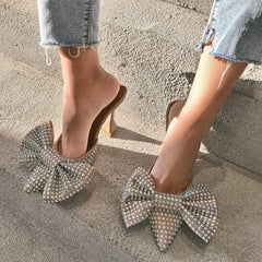 LIZAKOSHT Europe and the United States Super Flash Bow Rhinestone Shiny Wine Glass with High Heel Women's Slippers
