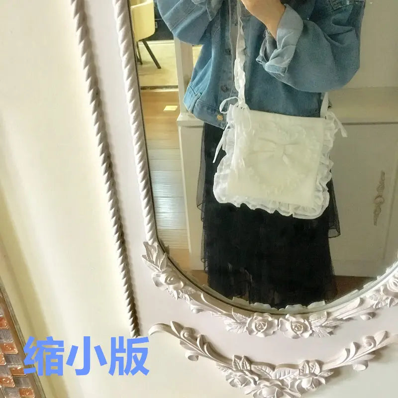 LIZAKOSHT  -  Japanese Lolita Soft Girl Folds Ruffled Lovely Peach Heart Bowknot Canvas Messenger Bag Campus Student Style Kawaii Girl Bag