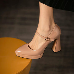 LIZAKOSHT  -  Cow Patent Leather Shoes Woman Thick Sole Platform Shoes High Heels Pumps Mary Janes Buckle Square Toe Summer Shoes Handmade