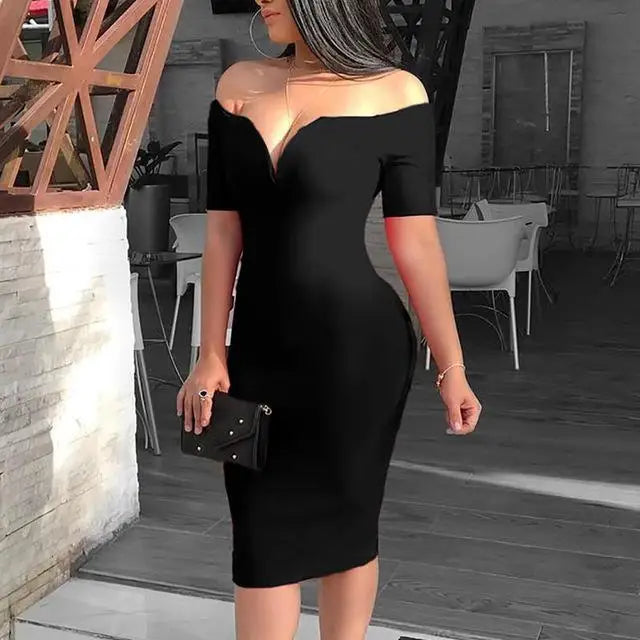 LIZAKOSHT  -  Summer Women Elegant Sexy Red Cocktail Midi Party Dress Solid Off Shoulder Short Sleeve Slim Fit Bodycon Dress