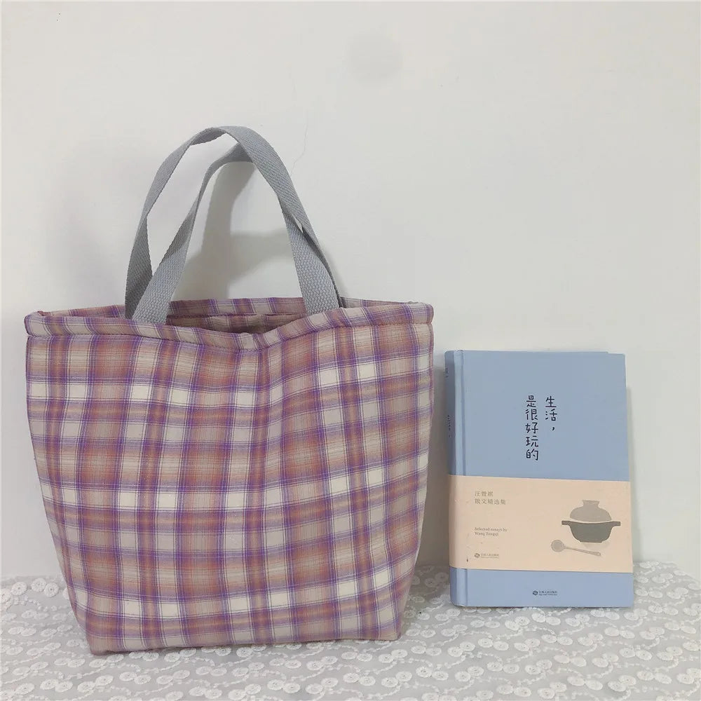 LIZAKOSHT  -  Women Plaid Lunch Bag Portable Canvas Food Picnic Travel Convenient Women Handbag Lattice Tote Cold Bales Thermal Lunch Box