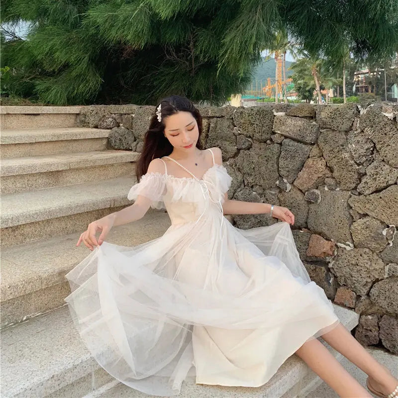 LIZAKOSHT  -  Summer Fairy Dress Women French Style Lace Chiffon Elegant Dress Casual Loose Sexy Chic Party Dress Women New Arrivals