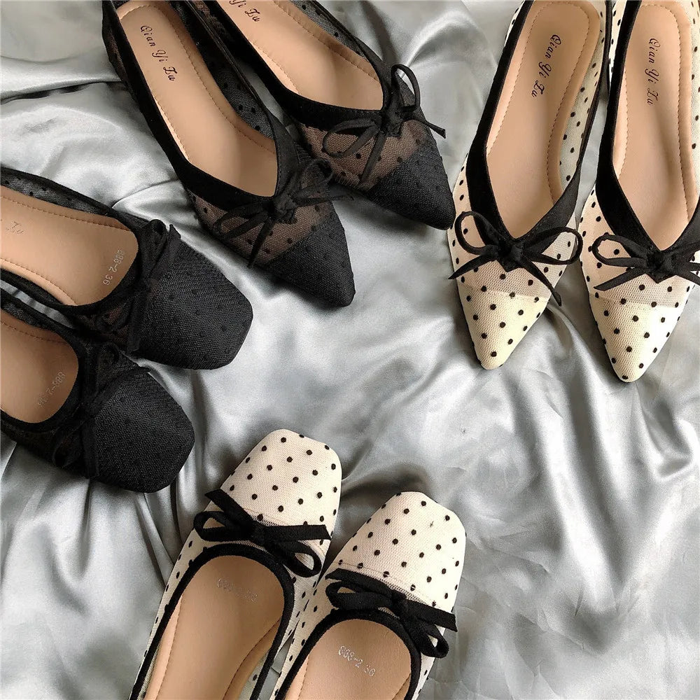 LIZAKOSHT  -  Summer Polka dot air mesh shoes women loafers sneakers woman flats espadrilles pointed toe bow-knot breathable moccasins