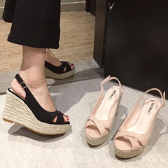 LIZAKOSHT -  cross band peep toe platform sandals women brand straw bottom high heels summer wedges shoes woman flock gladiator sandalias
