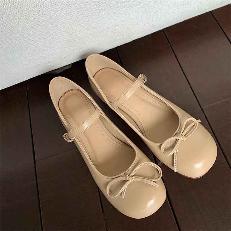 LIZAKOSHT  -  Women Mary Janes Shoes Genuine Leather Low Heel Pumps Bow Round Toe Female Shoes Block Heels Dress Footwear Orange 40