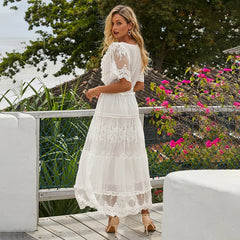 LIZAKOSHT Elegant Hollow Long Women Dress Summer Lace White Evening Dress Female V-Neck Short Sleeve Dress Semi-Sheer Casual Tunic Dress