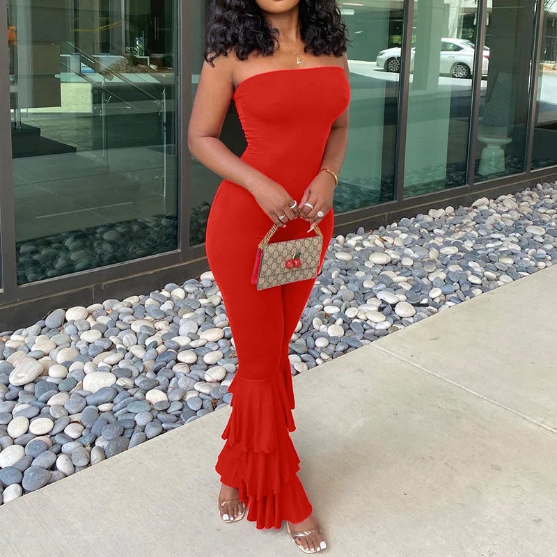 LIZAKOSHT  -  Women Strapless Bodycon Sexy Casual Jumpsuit Red Fashion New Backless Rompers Stacked Flared Pants Streetwear Overalls One Piece