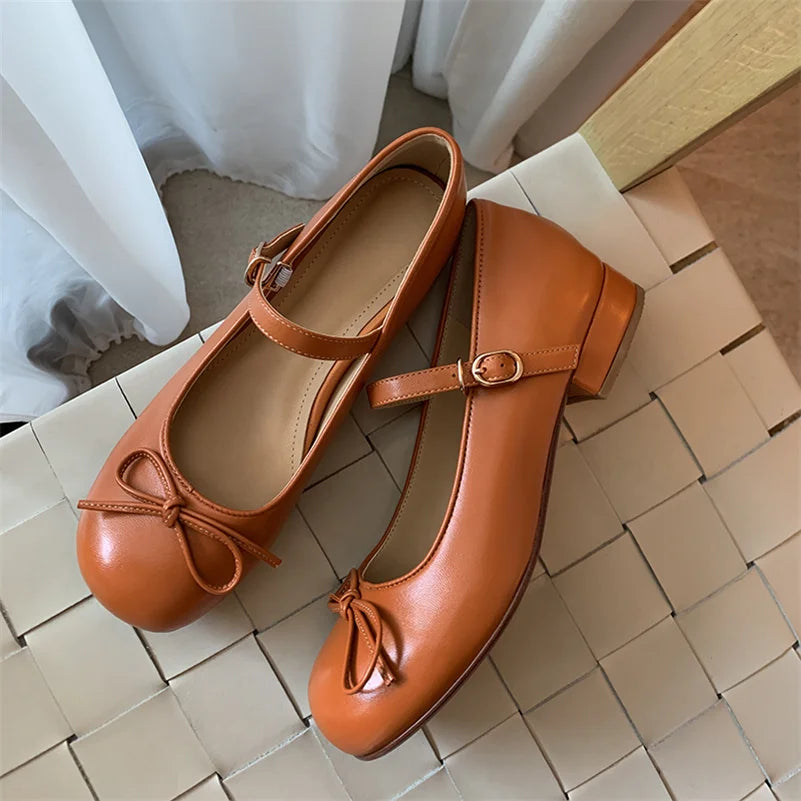 LIZAKOSHT  -  Women Mary Janes Shoes Genuine Leather Low Heel Pumps Bow Round Toe Female Shoes Block Heels Dress Footwear Orange 40