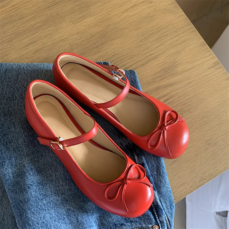 LIZAKOSHT  -  Women Mary Janes Shoes Genuine Leather Low Heel Pumps Bow Round Toe Female Shoes Block Heels Dress Footwear Orange 40