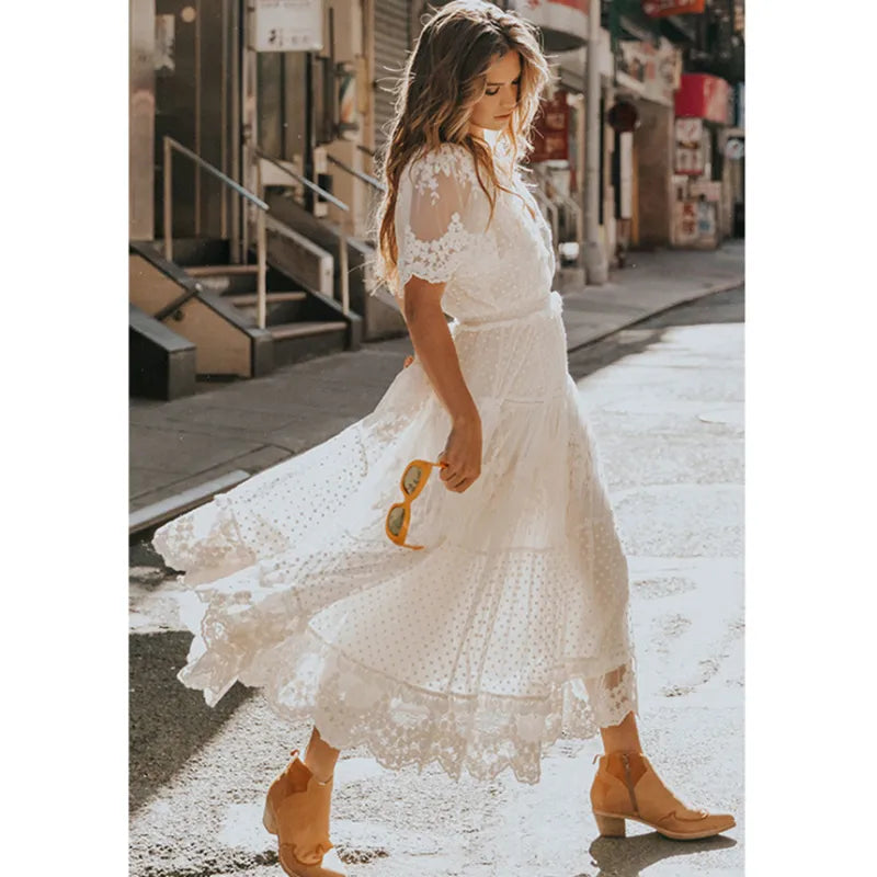 LIZAKOSHT Elegant Hollow Long Women Dress Summer Lace White Evening Dress Female V-Neck Short Sleeve Dress Semi-Sheer Casual Tunic Dress