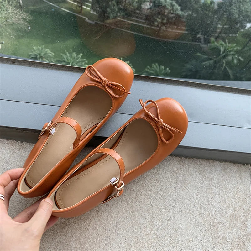 LIZAKOSHT  -  Women Mary Janes Shoes Genuine Leather Low Heel Pumps Bow Round Toe Female Shoes Block Heels Dress Footwear Orange 40