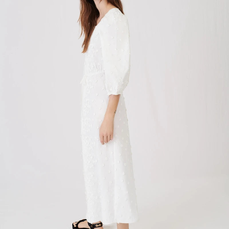 LIZAKOSHT  -  White Floral Embroidery Lace Dresses Women Robe Vintage Cotton V neck Autumn Maxi Dress Party Bohemian Vestidos