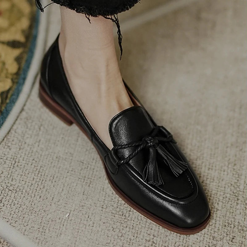 LIZAKOSHT  -  Retro Tassel bow-knot small leather shoes women loafers square toe low heels oxfords woman ins genuine leather fringe flats