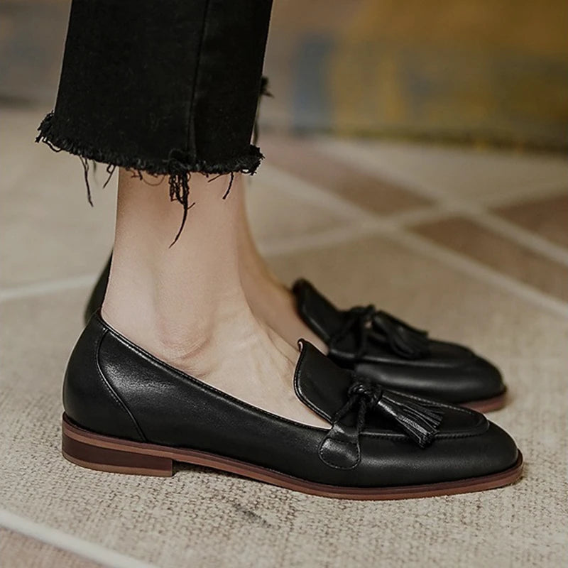 LIZAKOSHT  -  Retro Tassel bow-knot small leather shoes women loafers square toe low heels oxfords woman ins genuine leather fringe flats