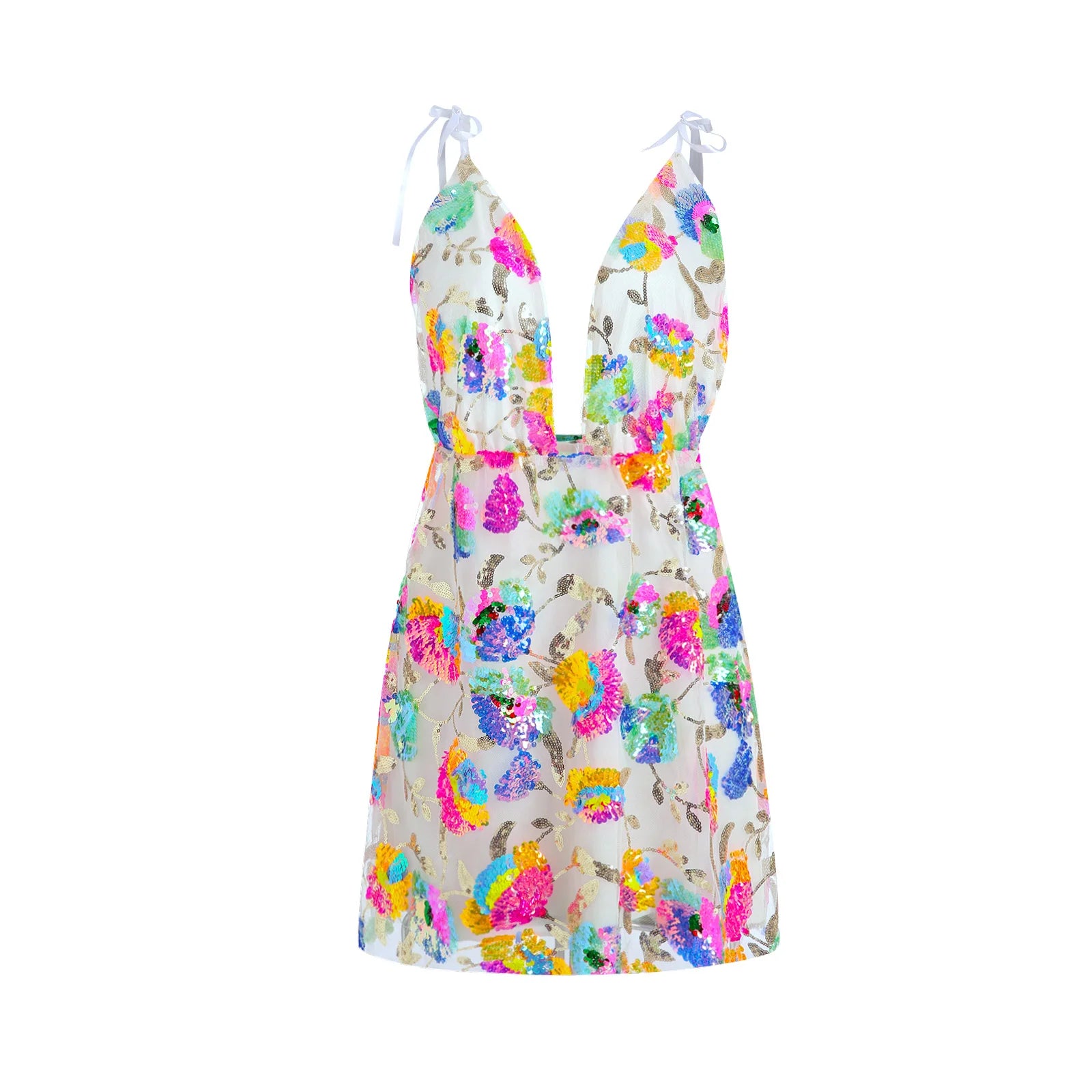 LIZAKOSHT  -  Sexy Women's Sparkly Floral Sequin Dress Summer Backless Low-Cut Shinny Mini Dress for Birthday Party Cocktail Clubwear Wedding