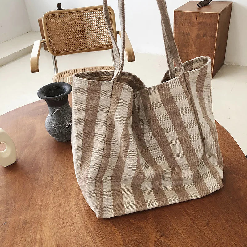 LIZAKOSHT  -  Women Cotton  Stripes Shoulder Bag Large Capacity Shoulder Bag Ladies  Casual Shopping Handbag