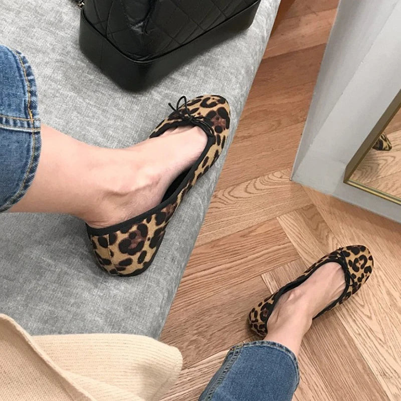 LIZAKOSHT -  leopard flock single shoes woman bow-tied shallow loafers new comfort slip on lazy moccasins leisure round toe ballet flat shoes