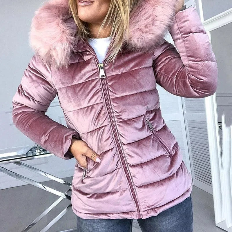 Lizakosht Winter Velvet Jacket Jacket Women's Cotton Padding Fashion Hooded Fur Collar Thick Warm Jacket Winter Snow Jacket Streetwear