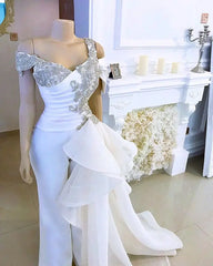 LIZAKOSHT  -  White Prom Jumpsuit with Crystal Detailing and Detachable Side Peplum Tail Off shoulder Mermaid Evening Gown Pant Suit