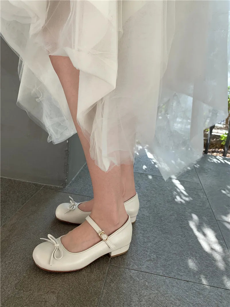 LIZAKOSHT  -  Women Mary Janes Shoes Genuine Leather Low Heel Pumps Bow Round Toe Female Shoes Block Heels Dress Footwear Orange 40