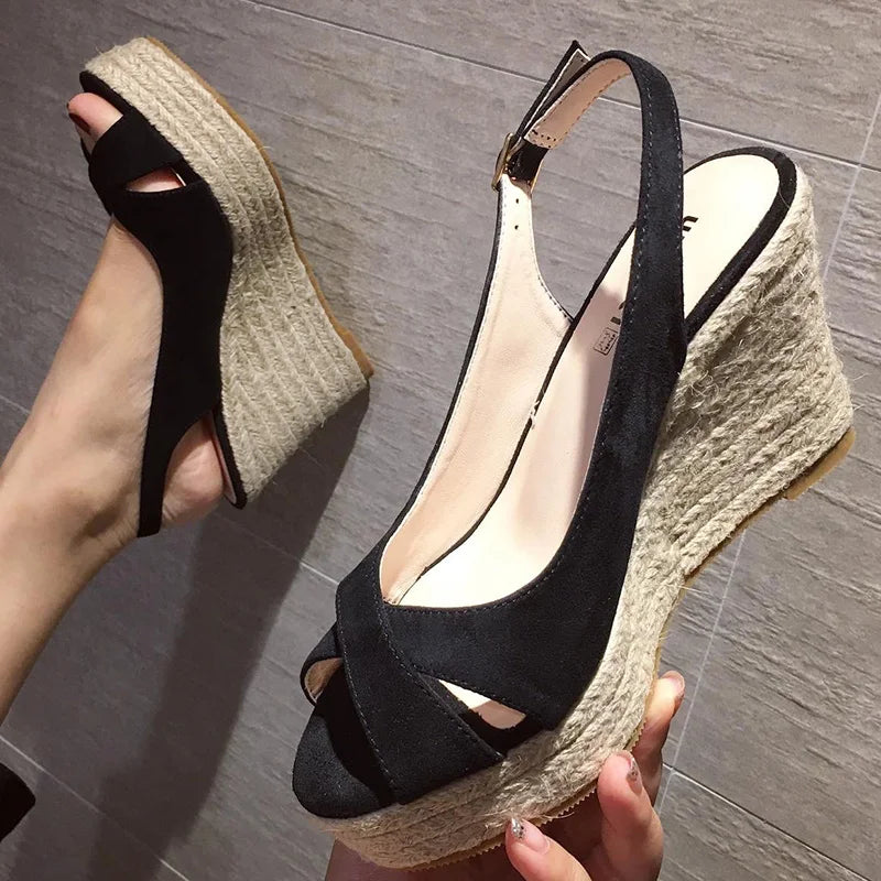 LIZAKOSHT -  cross band peep toe platform sandals women brand straw bottom high heels summer wedges shoes woman flock gladiator sandalias