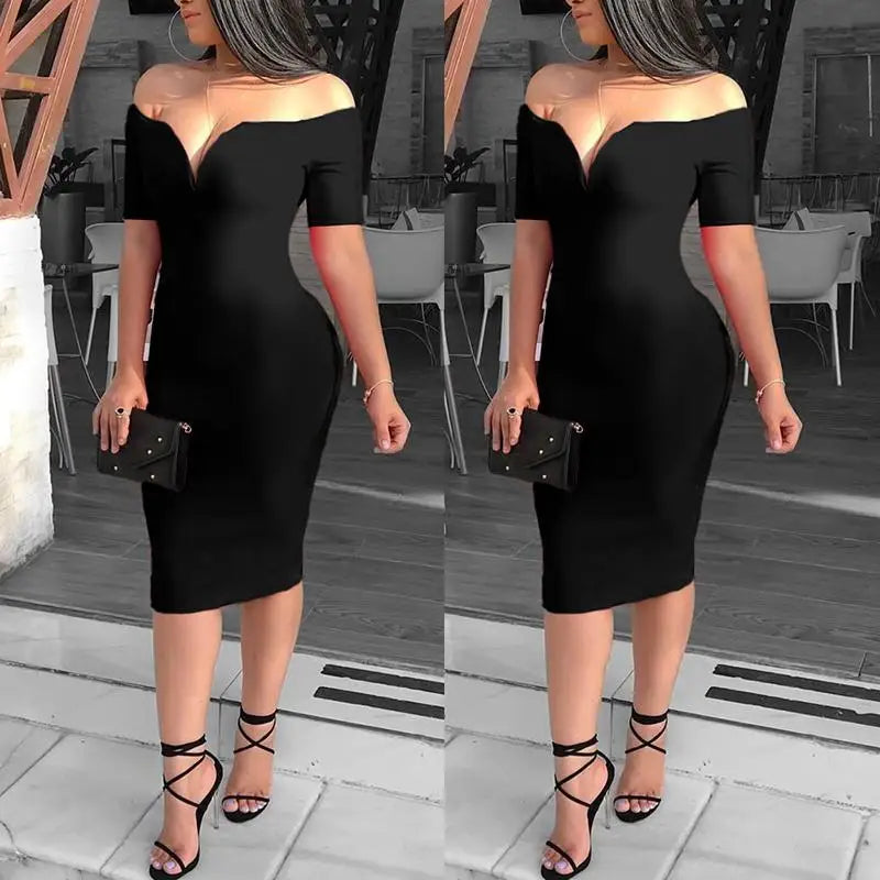 LIZAKOSHT  -  Summer Women Elegant Sexy Red Cocktail Midi Party Dress Solid Off Shoulder Short Sleeve Slim Fit Bodycon Dress