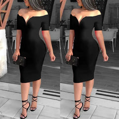 LIZAKOSHT  -  Summer Women Elegant Sexy Red Cocktail Midi Party Dress Solid Off Shoulder Short Sleeve Slim Fit Bodycon Dress