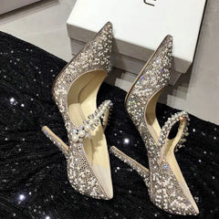 LIZAKOSHT Luxury Brand Women Rhinestone Pumps Pointed Toe Heel String Bead Wedding Shoes Women Elegant Design High Heels Ladies Pumps
