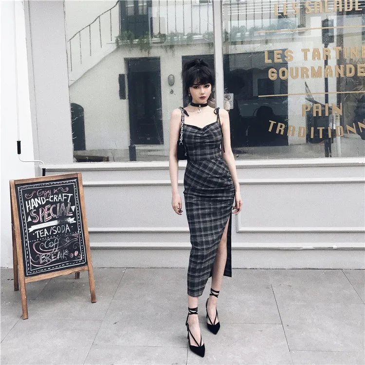 LIZAKOSHT  -  Punk Gothic Women Black Plaid Sexy Deep V-neck Dress Summer Elegant Fashion Dark Halter High Waist Split Dresses