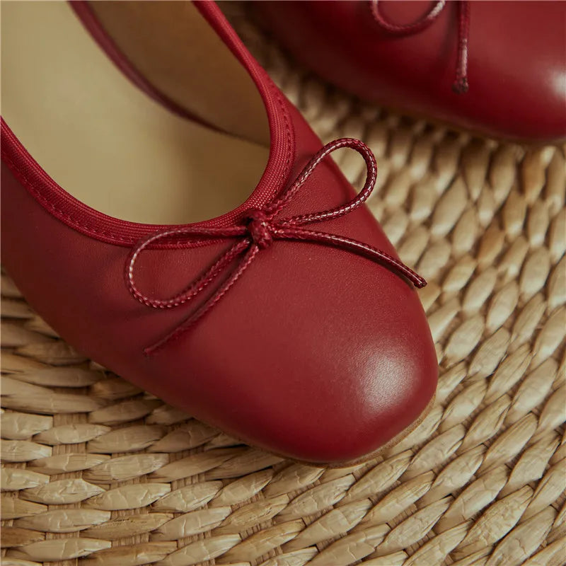 LIZAKOSHT  -  Genuine Leather Women Shoes Fashion Butterfly-knot Spring and Autumn Pumps Slip-On Casual Shoes Chunky Heel Size 34-40