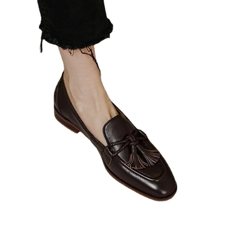 LIZAKOSHT  -  Retro Tassel bow-knot small leather shoes women loafers square toe low heels oxfords woman ins genuine leather fringe flats