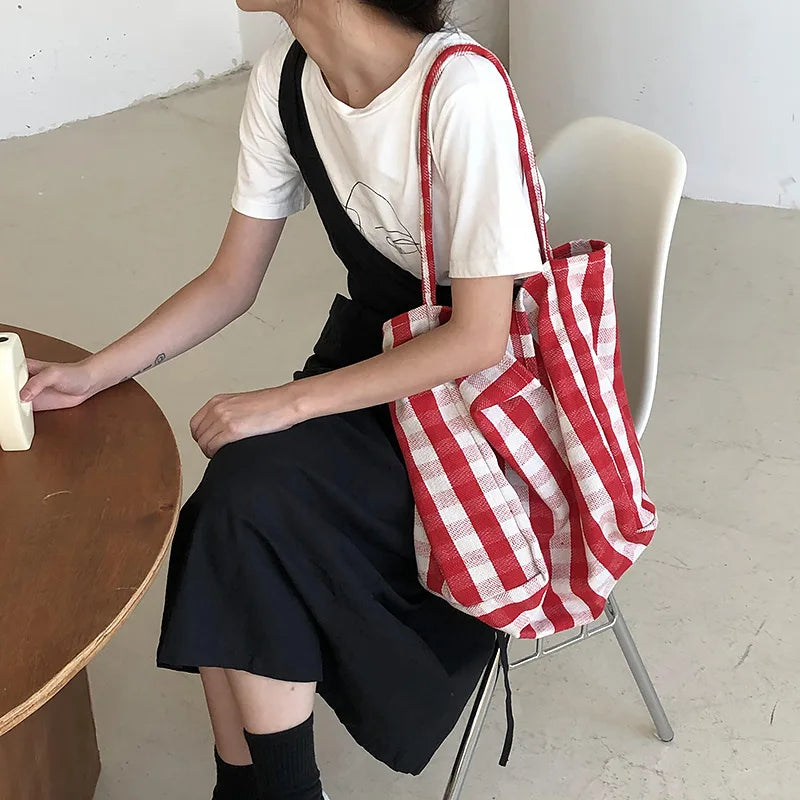 LIZAKOSHT  -  Women Cotton  Stripes Shoulder Bag Large Capacity Shoulder Bag Ladies  Casual Shopping Handbag
