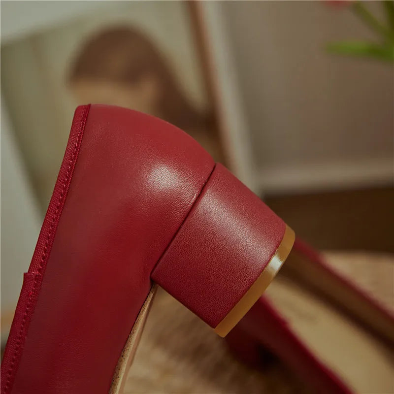 LIZAKOSHT  -  Genuine Leather Women Shoes Fashion Butterfly-knot Spring and Autumn Pumps Slip-On Casual Shoes Chunky Heel Size 34-40