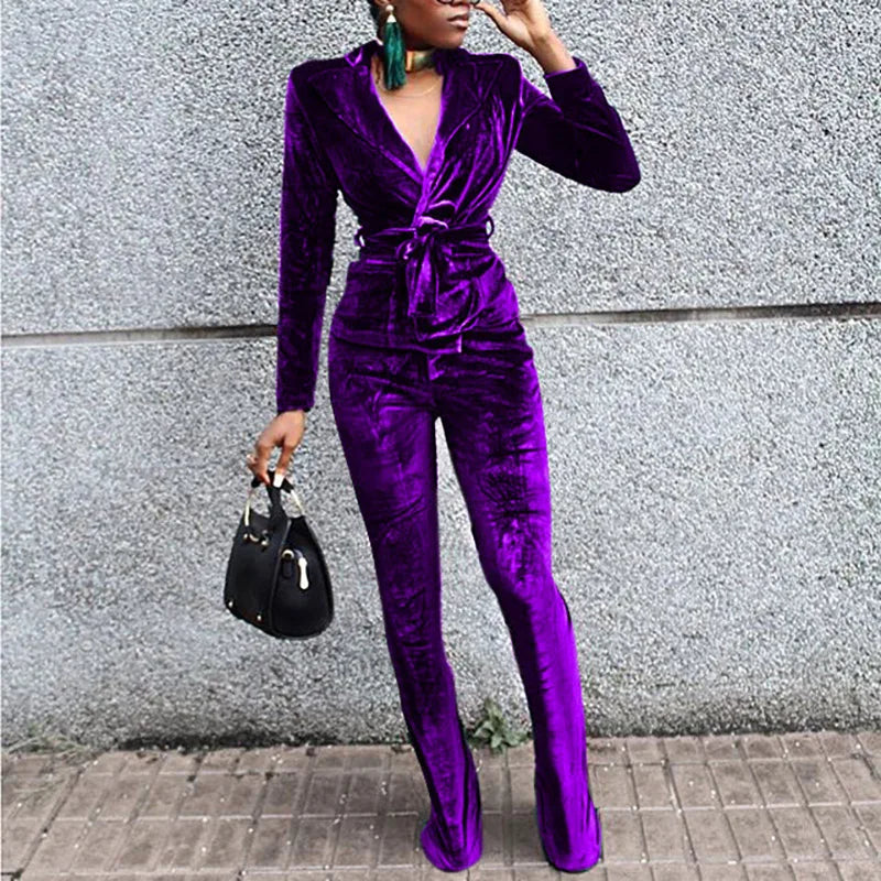 LIZAKOSHT  -  Women Retro Flare Pants Suit Office Blazer Solid Jackets Elegant Coats Female 2 Piece Sets Slim Outfit With Belt High Waist