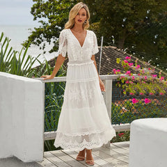LIZAKOSHT Elegant Hollow Long Women Dress Summer Lace White Evening Dress Female V-Neck Short Sleeve Dress Semi-Sheer Casual Tunic Dress