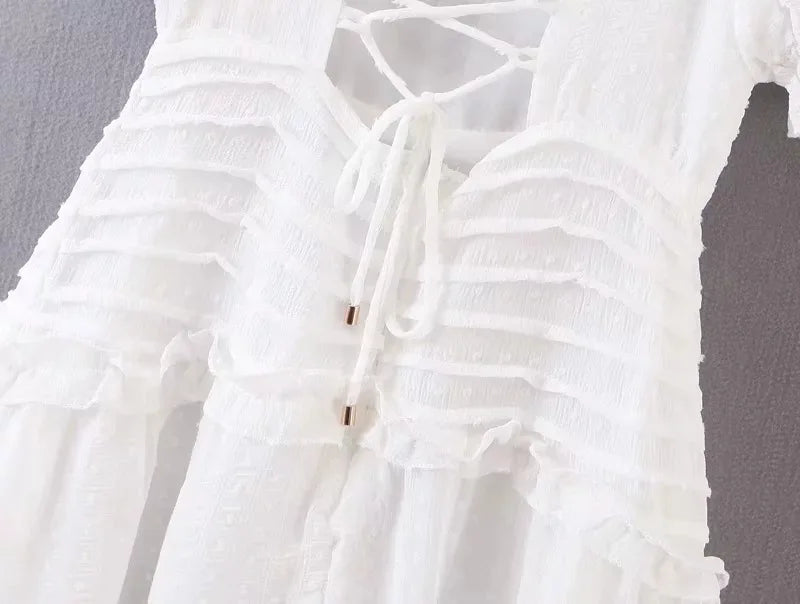 LIZAKOSHT  -  white mini dress women vintage short Puff Sleeve Cotton sexy backless lace up elegant ladies dresses summer vestidos