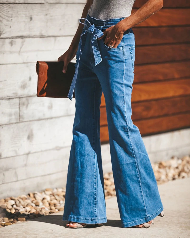 LIZAKOSHT  -  Blue Tie Waist Flare Jeans Women Slim Denim Trousers Vintage Clothes spring High  Pants Belted Stretchy Wide Leg