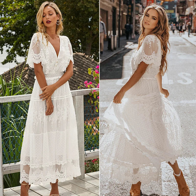 LIZAKOSHT Elegant Hollow Long Women Dress Summer Lace White Evening Dress Female V-Neck Short Sleeve Dress Semi-Sheer Casual Tunic Dress