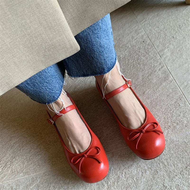 LIZAKOSHT  -  Women Mary Janes Shoes Genuine Leather Low Heel Pumps Bow Round Toe Female Shoes Block Heels Dress Footwear Orange 40