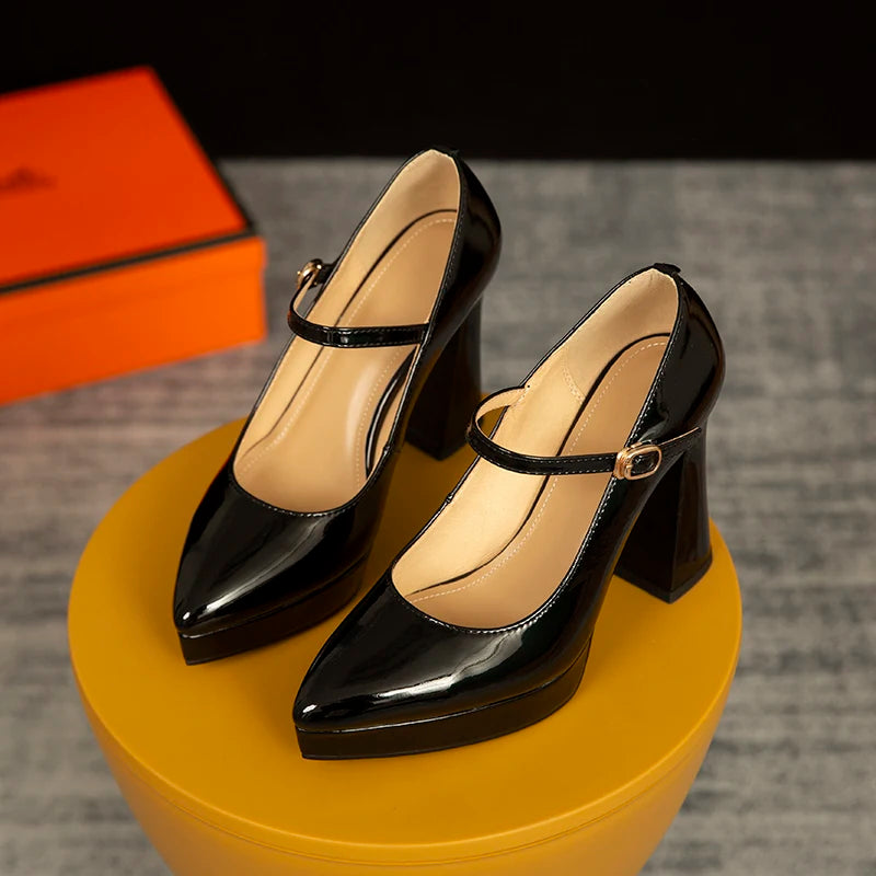 LIZAKOSHT  -  Cow Patent Leather Shoes Woman Thick Sole Platform Shoes High Heels Pumps Mary Janes Buckle Square Toe Summer Shoes Handmade