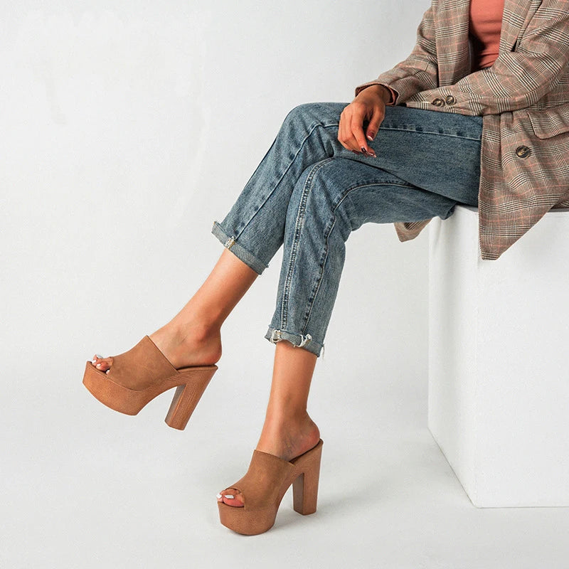 LIZAKOSHT  -  Trendy wooden chunky super high heels women sandals platform shoes slingback peep toe slippers sexy brief sandalias mujer