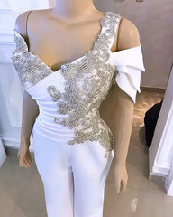 LIZAKOSHT  -  White Prom Jumpsuit with Crystal Detailing and Detachable Side Peplum Tail Off shoulder Mermaid Evening Gown Pant Suit